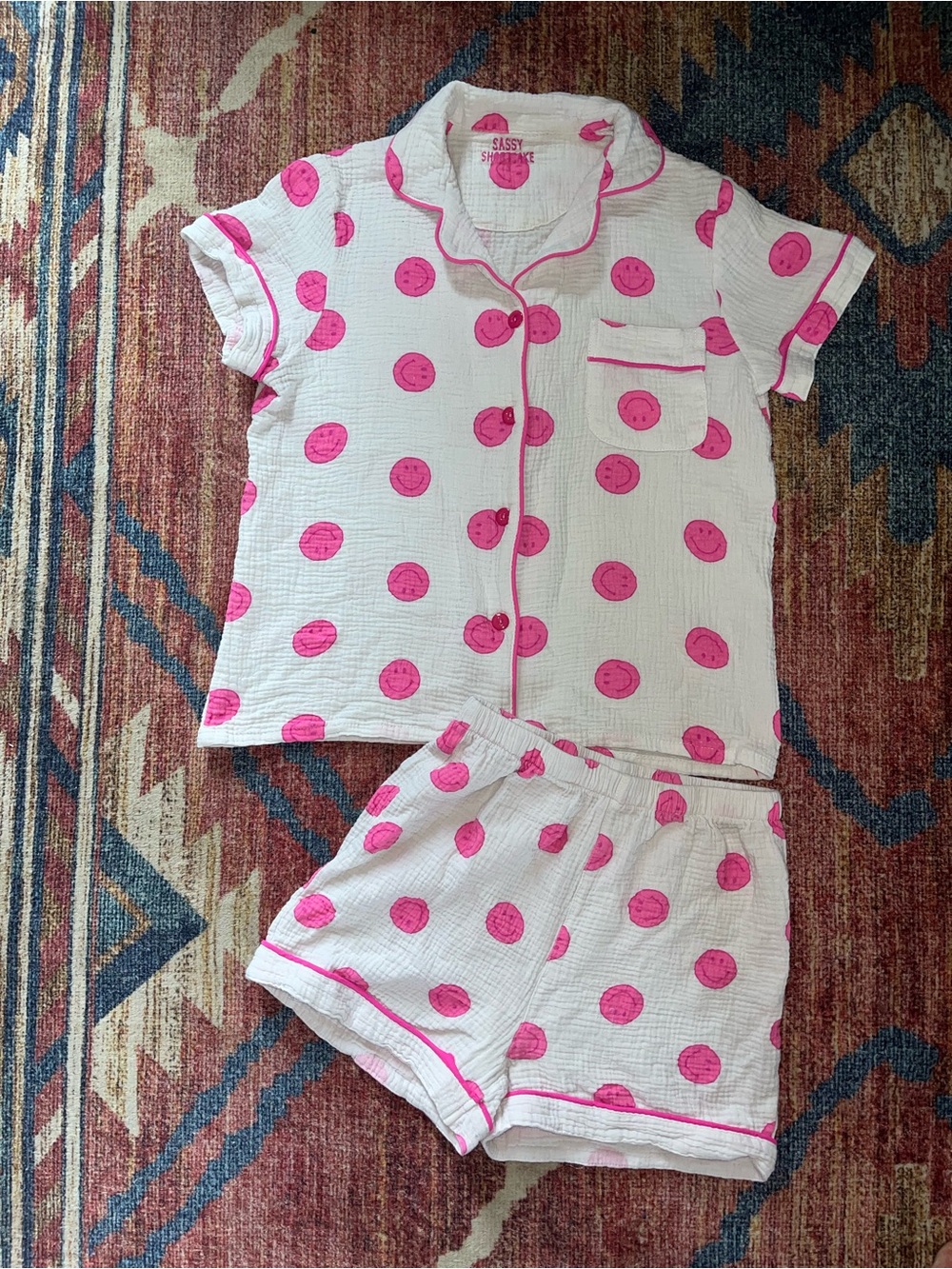 Sassy Shortcake White Short-Sleeve Pajama Set with Hot Pink Smiley Dots